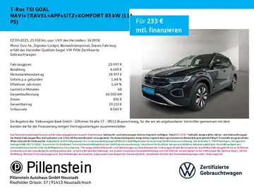 Das Bild zeigt einen schwarzen VW T-ROC aus der Seitenansicht mit Händlerlogo.