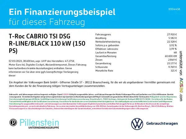Das Bild zeigt ein Finanzierungsbeispiel für einen VW T-Roc Cabrio, das verschiedene Kosten und Konditionen auflistet.