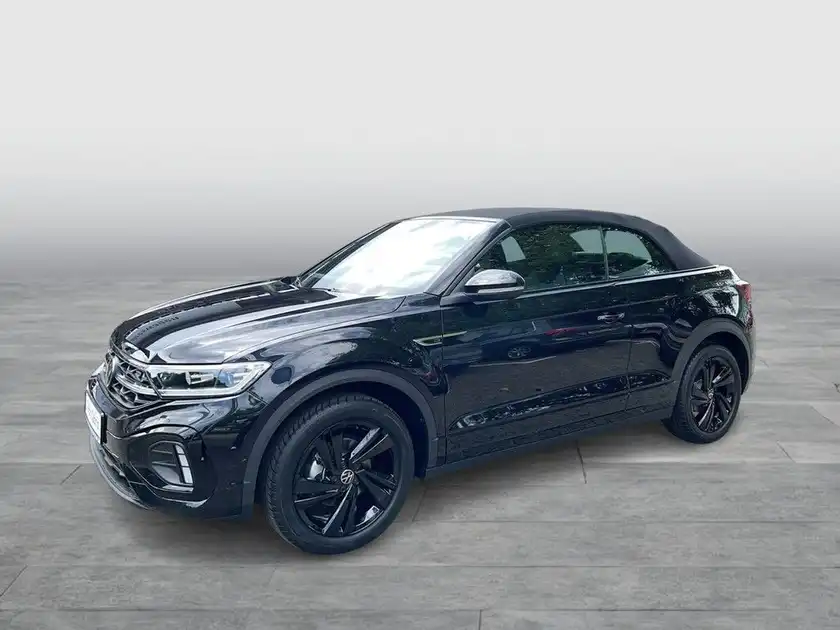 Das Bild zeigt einen schwarzen VW T-ROC Cabriolet von der Seite. Es handelt sich um ein Fahrzeugbild.