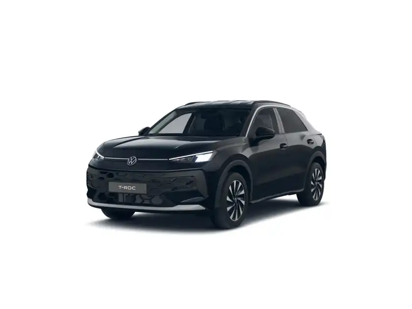 Das Bild zeigt einen schwarzen VW T-ROC von der Seite.