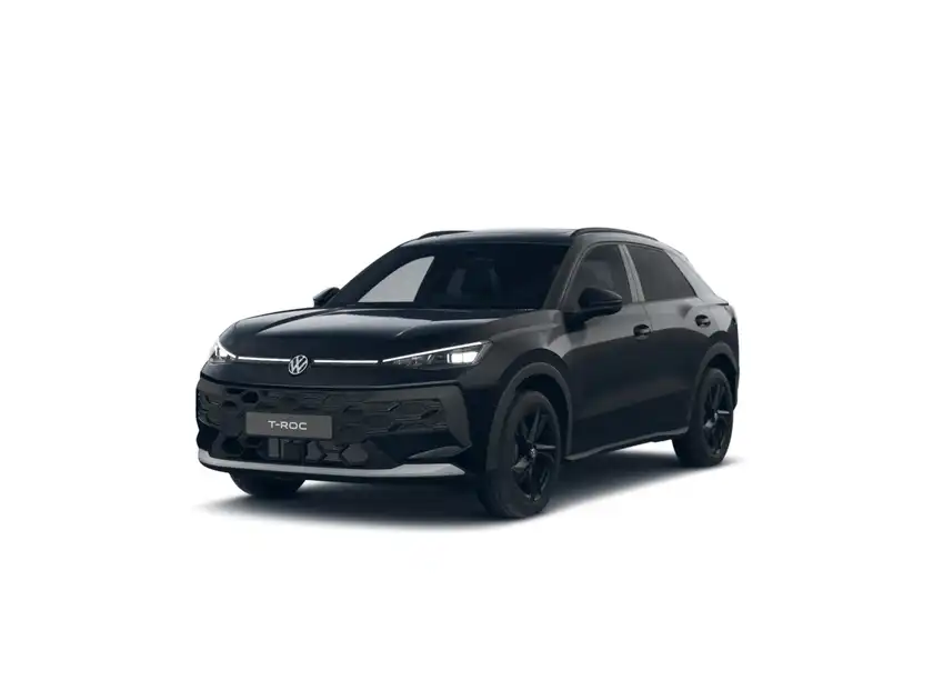 Das Bild zeigt einen schwarzen VW T-ROC von vorne.