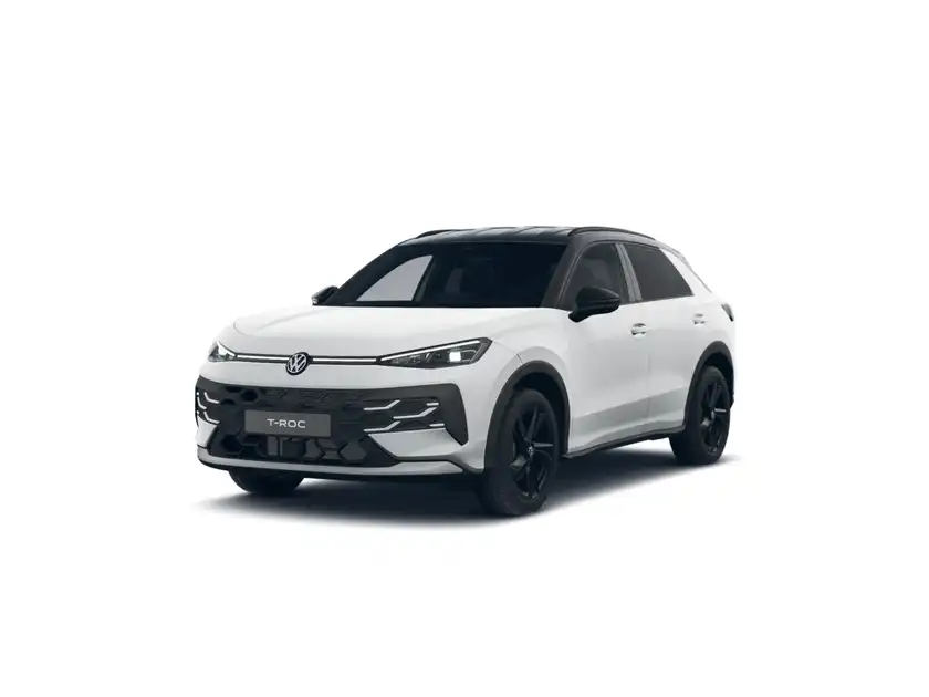 Das Bild zeigt einen weißen VW T-ROC von der Seite.