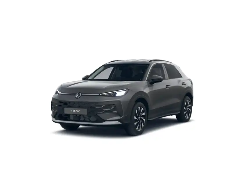 Das Bild zeigt einen grauen VW T-ROC von der Seite.