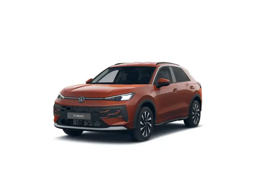 Das Bild zeigt einen VW T-ROC in Orange, aufgenommen von der Seite.