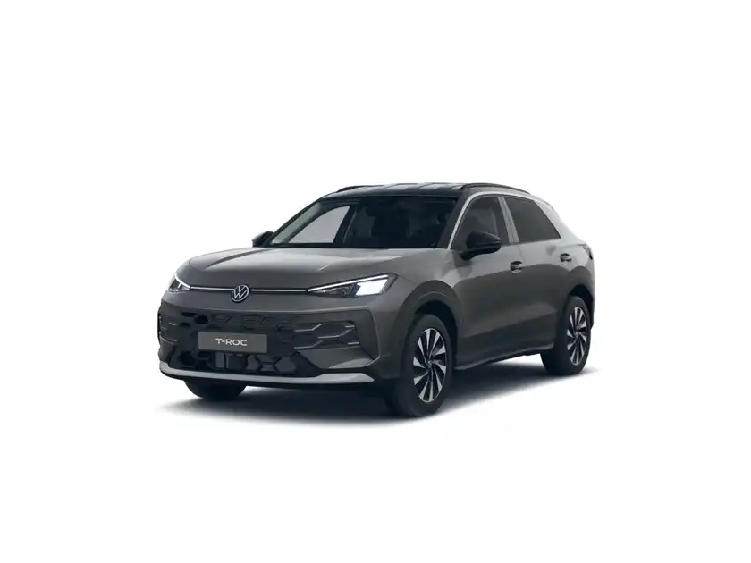 Das Bild zeigt einen VW T-ROC in grauer Farbe, aufgenommen von der Seite.
