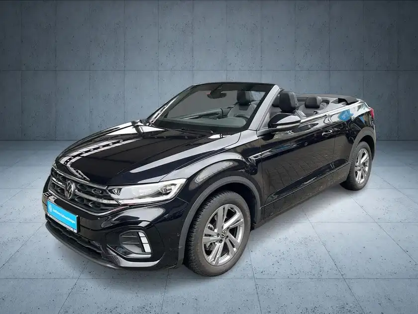 Das Bild zeigt einen VW T-ROC CABRIOLET von der Seite in schwarzer Farbe. Im Bild ist das Händlerlogo von Walter Schneider sichtbar sowie eine Texteinblendung, die auf zertifizierte Gebrauchtwagen hinweist.