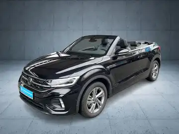Das Bild zeigt einen VW T-ROC CABRIOLET von der Seite in schwarzer Farbe. Im Bild ist das Händlerlogo von Walter Schneider sichtbar sowie eine Texteinblendung, die auf zertifizierte Gebrauchtwagen hinweist.
