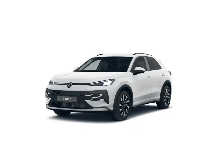 Das Bild zeigt einen weißen VW T-ROC von der Vorderansicht.