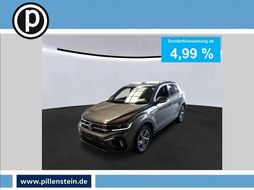 Das Bild zeigt einen grauen VW T-Roc von der Seite. Es enthält ein Händlerlogo und Texte zu Sonderfinanzierungsangeboten.