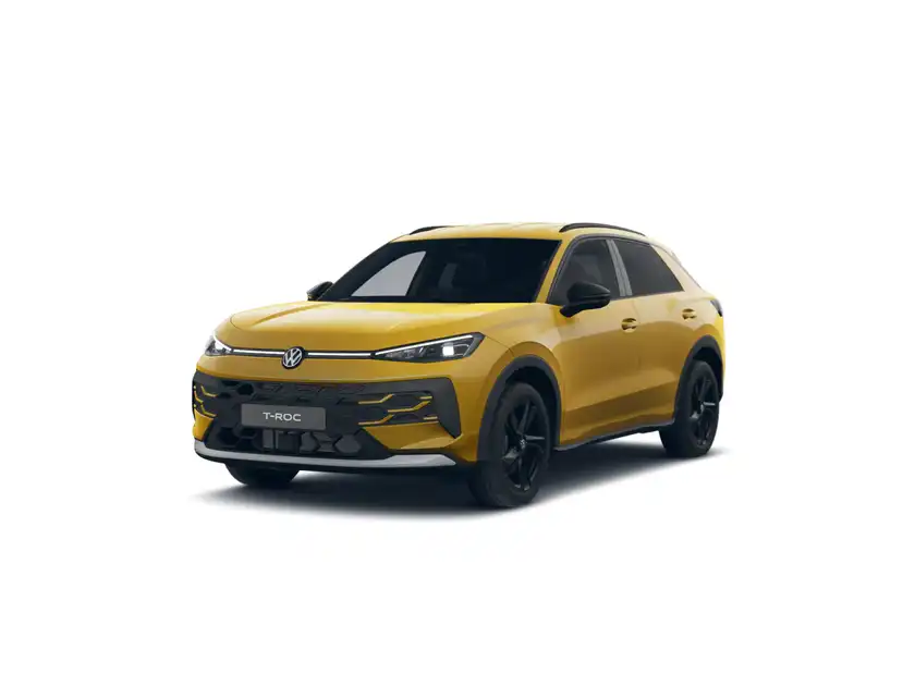 Das Bild zeigt einen gelben VW T-ROC von vorne.