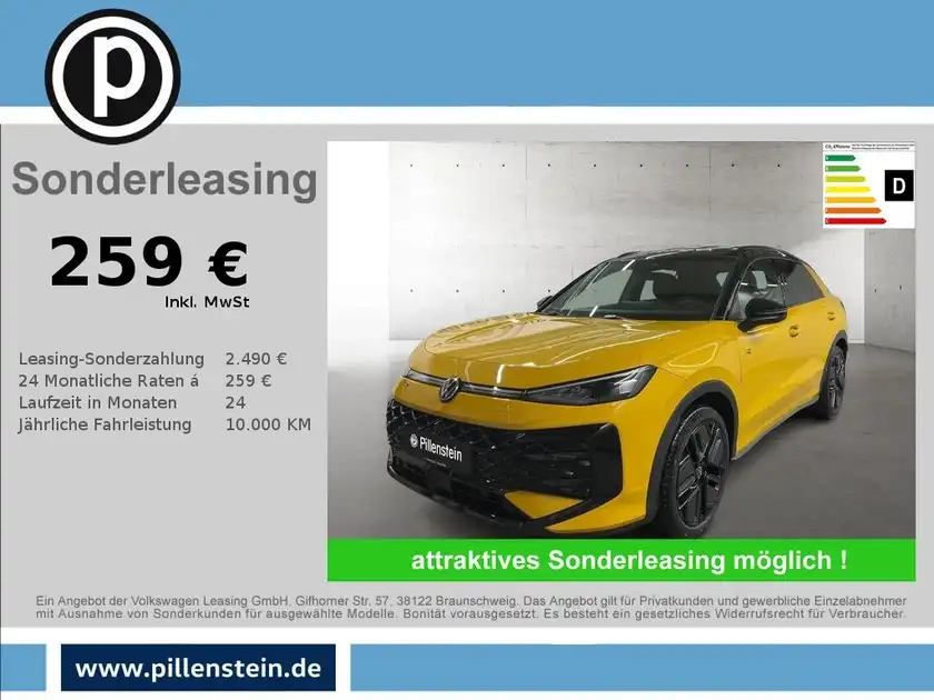 Das Bild zeigt einen VW T-Roc von der Seite in gelber Farbe, umgeben von Textinformationen zu einem Sonderleasingangebot, inklusive Händlerlogo.