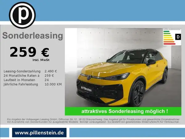 Das Bild zeigt einen VW T-Roc von der Seite in gelber Farbe, umgeben von Textinformationen zu einem Sonderleasingangebot, inklusive Händlerlogo.