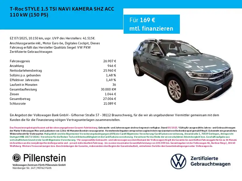Das Bild zeigt einen VW T-Roc in grau, aufgenommen von der Seite. Es handelt sich um eine Anzeige mit Finanzierungsdetails und dem Logo des Händlers.