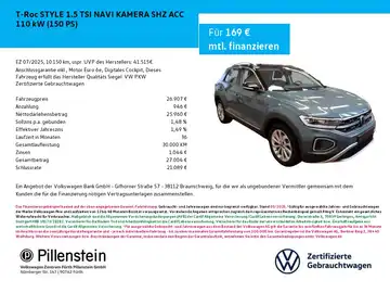 Das Bild zeigt einen VW T-Roc in grau, aufgenommen von der Seite. Es handelt sich um eine Anzeige mit Finanzierungsdetails und dem Logo des Händlers.