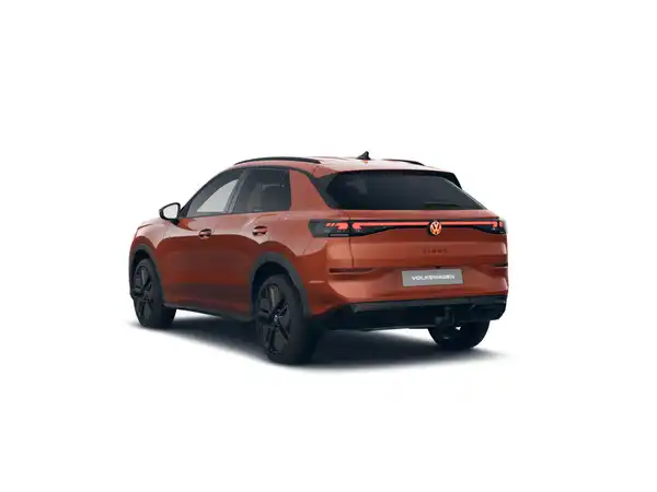 Das Bild zeigt einen VW T-ROC in orange von hinten aufgenommen.