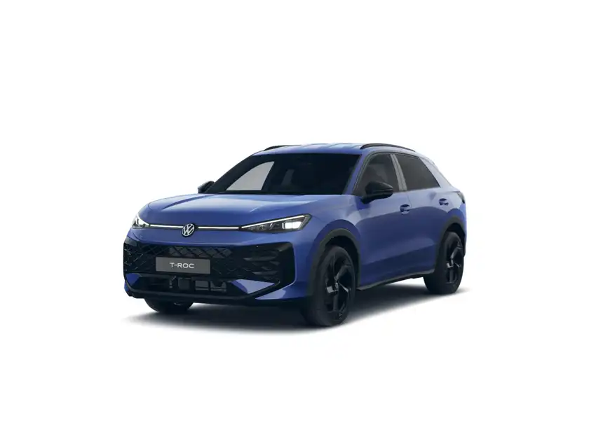 Ein blaues Fahrzeug, VW T-ROC, von vorne aufgenommen.