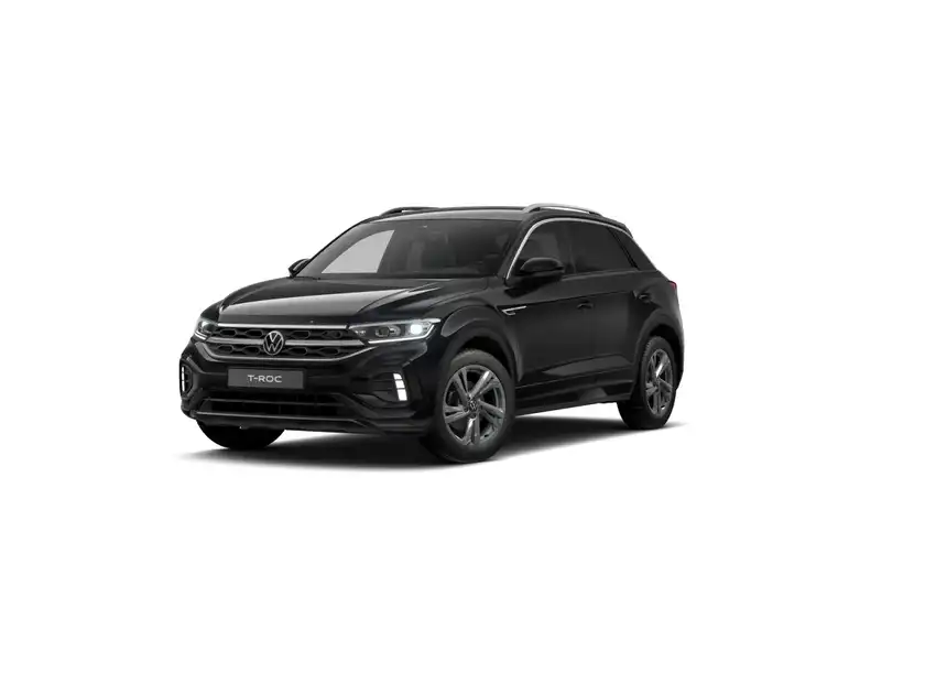 Das Bild zeigt einen schwarzen VW T-ROC von der Seite.