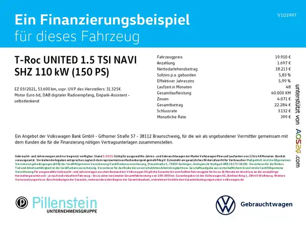 Das Bild zeigt ein Finanzierungsbeispiel für ein Fahrzeug, präsentiert von der Firma Pillenstein. Es enthält markante Texteinblendungen zu den Finanzierungsmöglichkeiten, den Preis und andere Details.