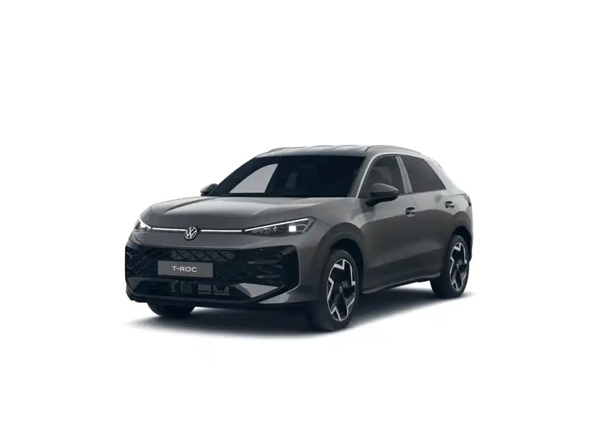 Das Bild zeigt einen grauen VW T-ROC aus der Frontalansicht. Oben links befindet sich eine Texteinblendung "Sofort verfügbar" und das Händlerlogo "WALTER SCHNEIDER" ist ebenfalls sichtbar.