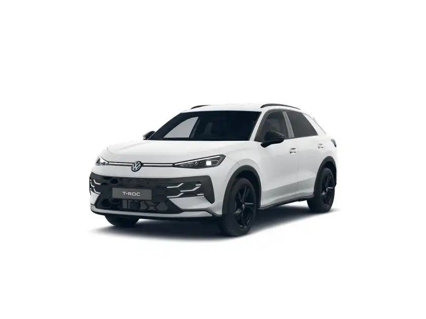 Das Bild zeigt einen weißen VW T-ROC aus der Frontalansicht.