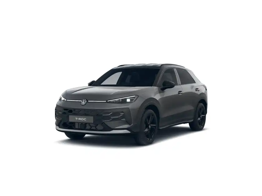 Das Bild zeigt einen grauen VW T-Roc von vorne.