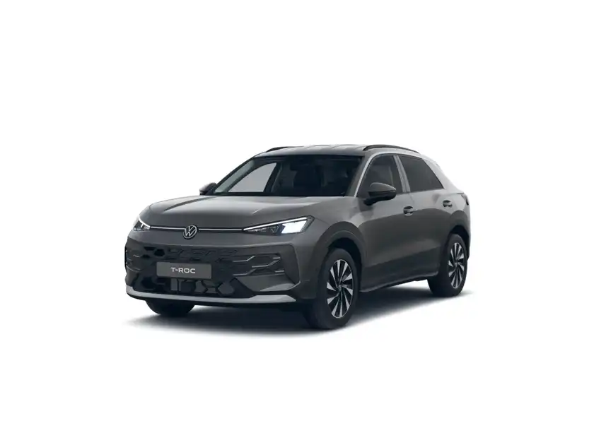 Das Bild zeigt einen grauen VW T-ROC aus der Frontalansicht.