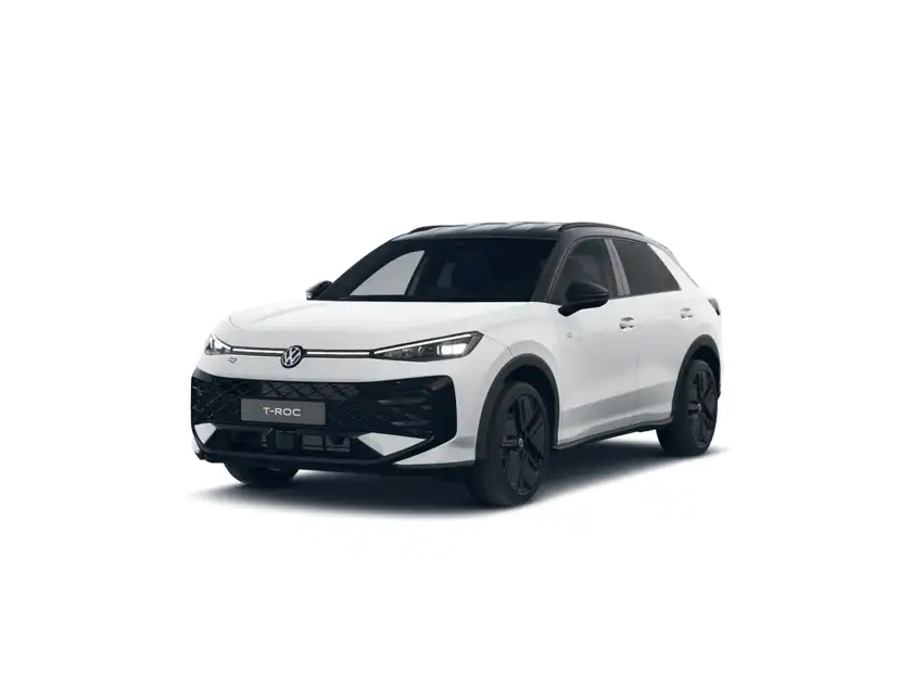 Das Bild zeigt einen VW T-Roc aus der Frontansicht, das Fahrzeug ist in weißer Farbe.