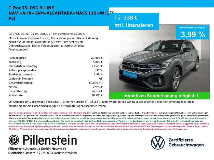 Das Bild zeigt einen grauen VW T-Roc von vorne. Es ist ein Werbebild mit einem Händlerlogo und enthält markante Texteinblendungen zur Finanzierung.