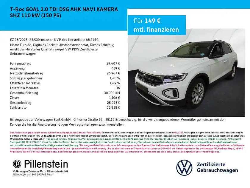 Das Bild zeigt einen weißen VW T-Roc von der Vorderseite in einem Anzeige-Layout mit Finanzierungsdetails und Händlerinformationen.