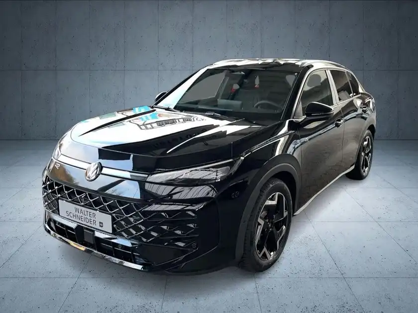 Das Bild zeigt einen schwarzen VW T-ROC aus der Seitenansicht auf einem neutralen Hintergrund. Es sind keine Händlerlogos oder markante Texteinblendungen vorhanden.
