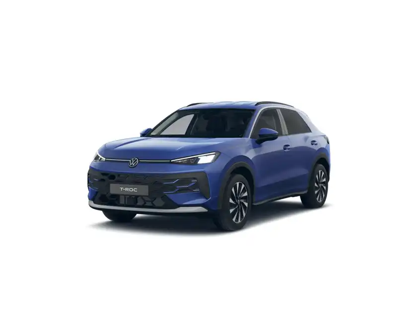 Das Bild zeigt einen blauen VW T-ROC von vorne.