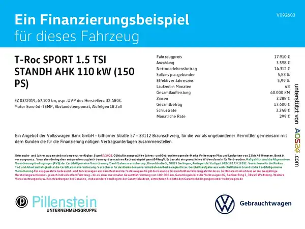 Das Bild zeigt Finanzierungsdetails für ein Fahrzeug, einschließlich Betrag und Konditionen, sowie das Händlerlogo.