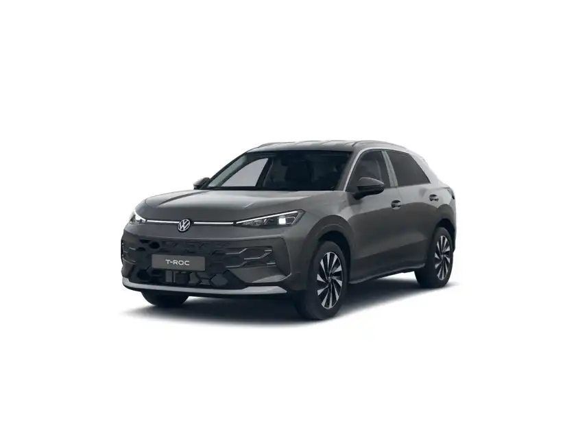 Das Bild zeigt einen grauen VW T-ROC aus der Frontalansicht.