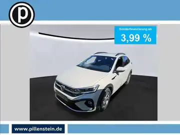 Das Bild zeigt einen weißen VW Taigo von vorne mit einer Werbung für Sonderfinanzierung ab 3,99 %. Das Händellogo ist sichtbar.