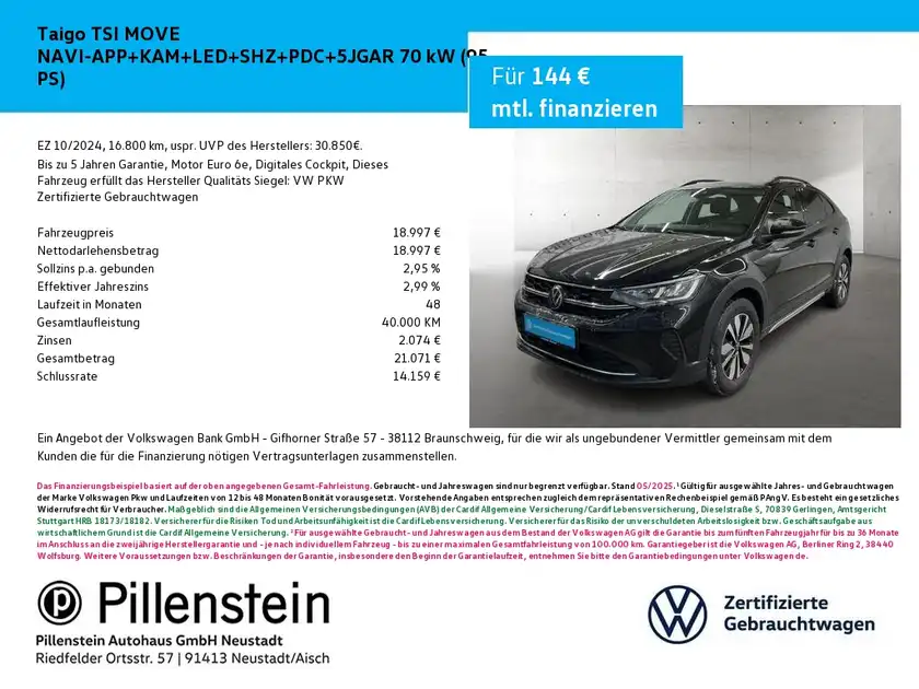 Das Bild zeigt einen schwarzen VW Taigo aus seitlicher Perspektive. Es sind das Händlerlogo und markante Texteinblendungen von Pillenstein zu sehen.