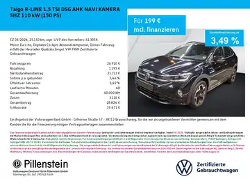 Das Bild zeigt einen VW Taigo R-Line von der Seite in schwarzer Farbe. Es handelt sich um eine Anzeige mit Finanzierungsdetails.