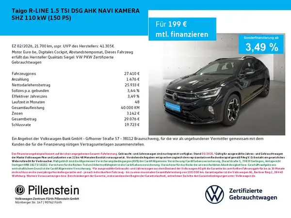 Das Bild zeigt eine Anzeige für einen VW Taigo R-Line. Es handelt sich um eine Frontaufnahme des Fahrzeugs und enthält Informationen zur Finanzierung und zu Aktionen, inklusive einem Händlerlogo.