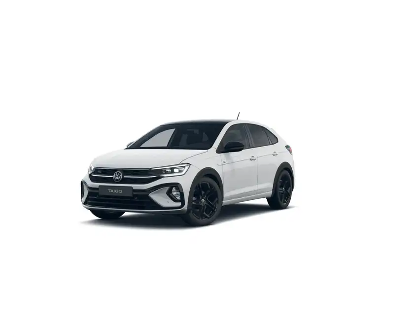 Das Bild zeigt einen weißen VW Taigo R-Line aus der Frontalansicht.
