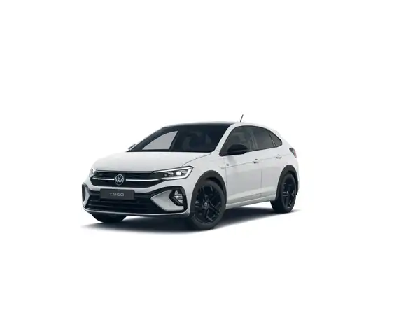 Das Bild zeigt einen weißen VW Taigo R-Line aus der Frontalansicht.