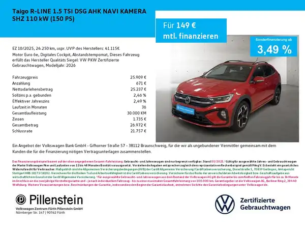 Das Bild zeigt einen roten VW Taigo R-Line, aufgenommen von vorne. Es handelt sich um eine Anzeige mit Finanzierungsdetails, wobei das Händlerlogo sichtbar ist.
