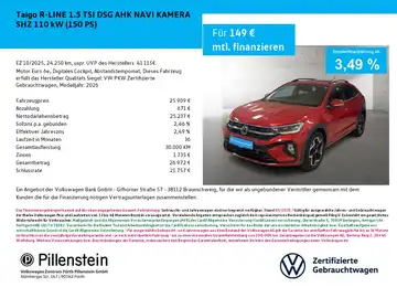 Das Bild zeigt einen roten VW Taigo R-Line, aufgenommen von vorne. Es handelt sich um eine Anzeige mit Finanzierungsdetails, wobei das Händlerlogo sichtbar ist.
