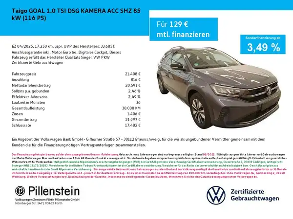 Das Bild zeigt einen VW Taigo in Grau, aufgenommen von der Seite. Es handelt sich um eine Anzeige mit Finanzierungsdetails und dem Händlerlogo von Pillenstein.