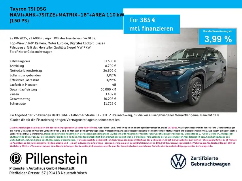 Das Bild zeigt einen VW Tayron TSI DSG von vorne in blauer Farbe. Es handelt sich um eine Anzeige für Finanzierungsangebote mit markanten Texteinblendungen und dem Händlerlogo.
