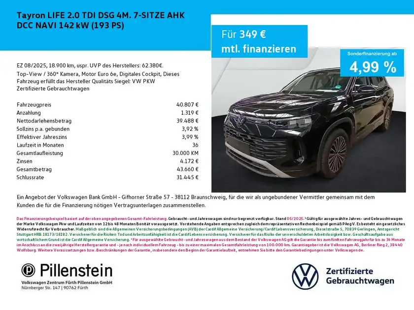 Das Bild zeigt einen VW Tayron LIFE 2.0 TDI von der Seite in schwarzer Farbe. Es handelt sich um eine Anzeige, die Finanzierungsdetails enthält.