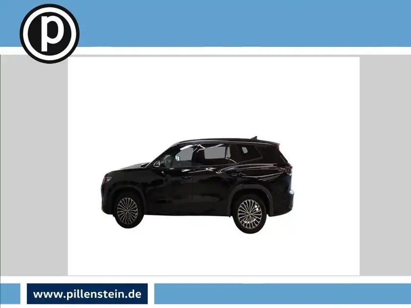 Das Bild zeigt einen VW TAYRON in Schwarz von der Seite. Es ist ein Händlerlogo eingeblendet und enthält markante Texteinblendungen.