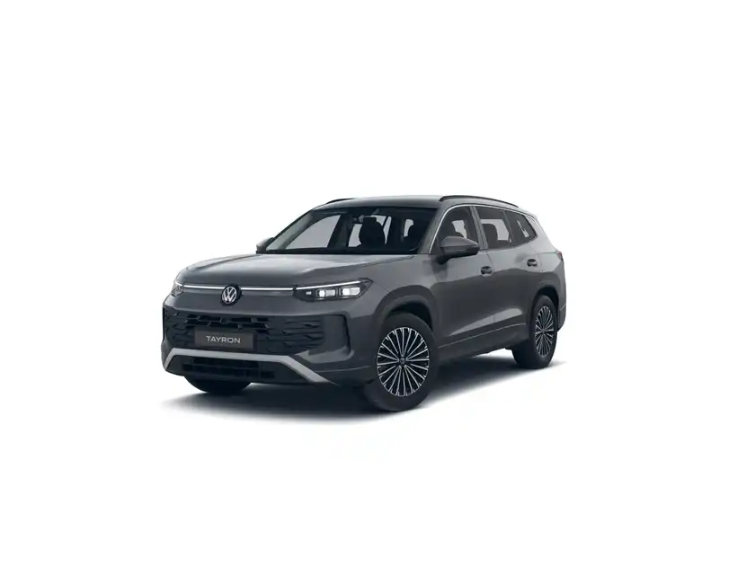 Ein grauer VW Tayron, aufgenommen von vorne.