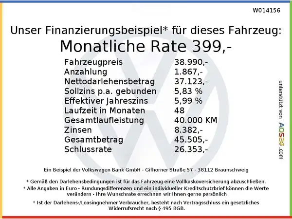 Das Bild zeigt Finanzierungsdetails für ein Fahrzeug. Es enthält Angaben wie Fahrzeugpreis, Anzahlung und monatliche Rate.
