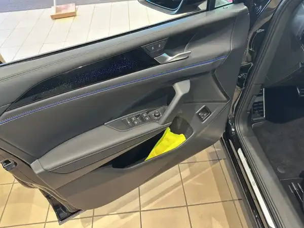 Das Bild zeigt die Innenansicht der Fahrertür eines VW Tiguan, mit einem schwarzen Interieur und blauen Akzenten.