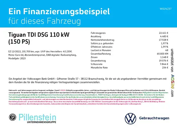 Das Bild zeigt ein Finanzierungsbeispiel für einen Tiguan TDI DSG. Es enthält markante Texteinblendungen und das Händlerlogo.