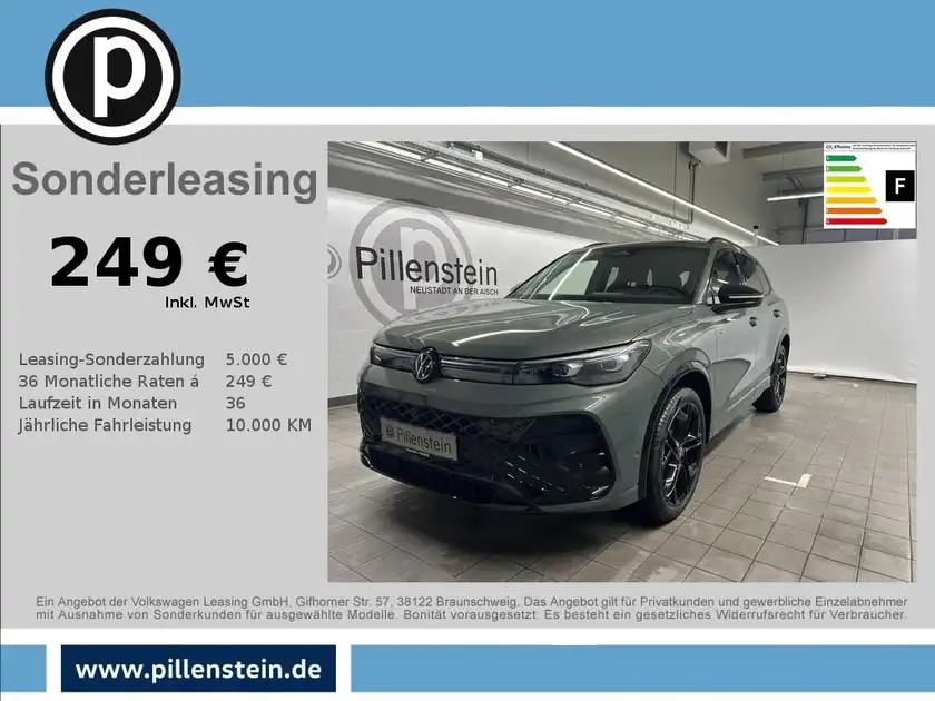Das Bild zeigt ein graues Fahrzeug (VW Tiguan) aus der Vorderansicht, zusammen mit Leasingdetails für 249 € pro Monat, inklusive MwSt. Das Händlerlogo ist sichtbar.